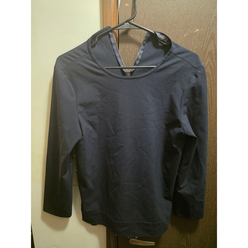 ZARA Woman Navy Blue Long Sleeve Top Back Zip Stretch Top Minimalist Style